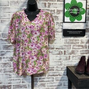 Les Amis Floral Ruffle Neck Blouse - Pink and Green large NWT